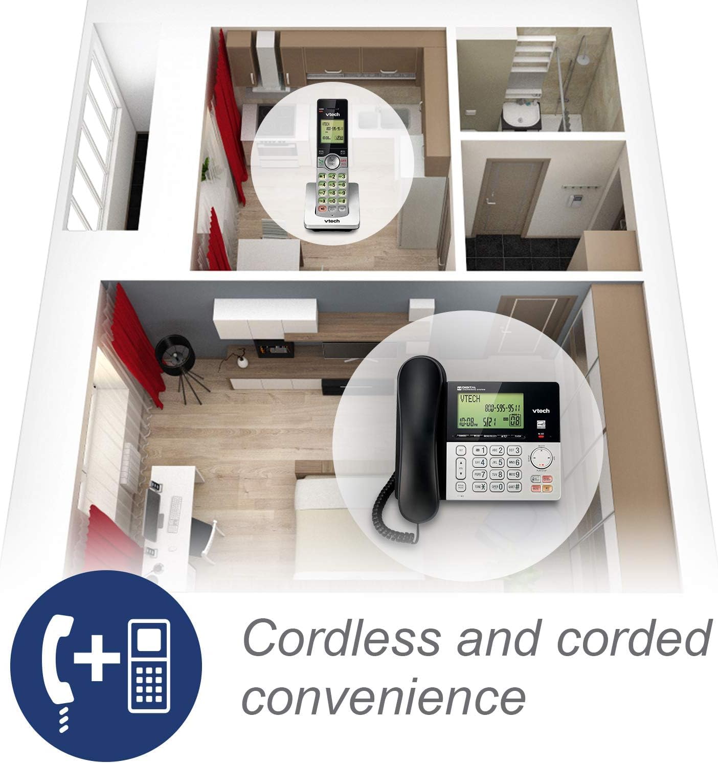 VTech CS6949-2 DECT 6.0 Corded/2-Cordless Telephone System, Black/Silver VTech