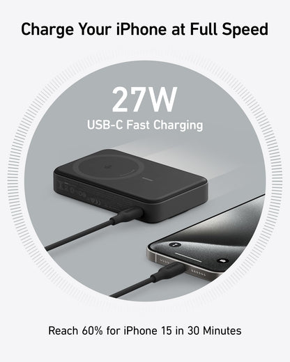 Anker MagGo Power Bank, Qi2 Certified 15W Ultra-Fast MagSafe-Compatible Portable Charger, 10,000mAh Battery Pack with Smart Display, Foldable Stand, for iPhone 17/16/15/14/13/12 (USB-C Cable Included)