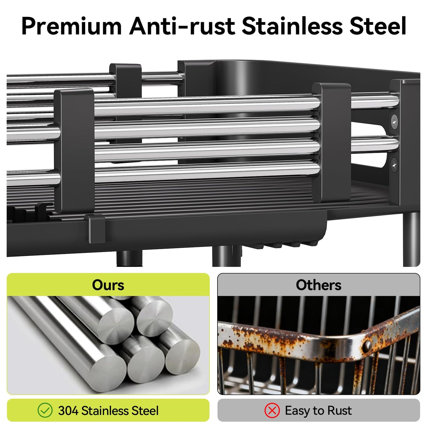 Urackify Extendable Dish Drying Rack, Dual Part Dish Drainers with Non-Scratch and Movable Cutlery Drainer and Drainage Spout, Adjustable Dish Rack for Kitchen,Black - Available at All In One Marketplace Canada