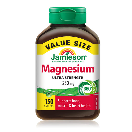 Jamieson Ultra Strength Magnesium 250 mg, Electrolytes, Supports Overall Health, Bone Health, and Muscle Function. Non-GMO, Gluten-Free, 150 Caplets, Proudly Canadian - Available at All In One Marketplace Canada