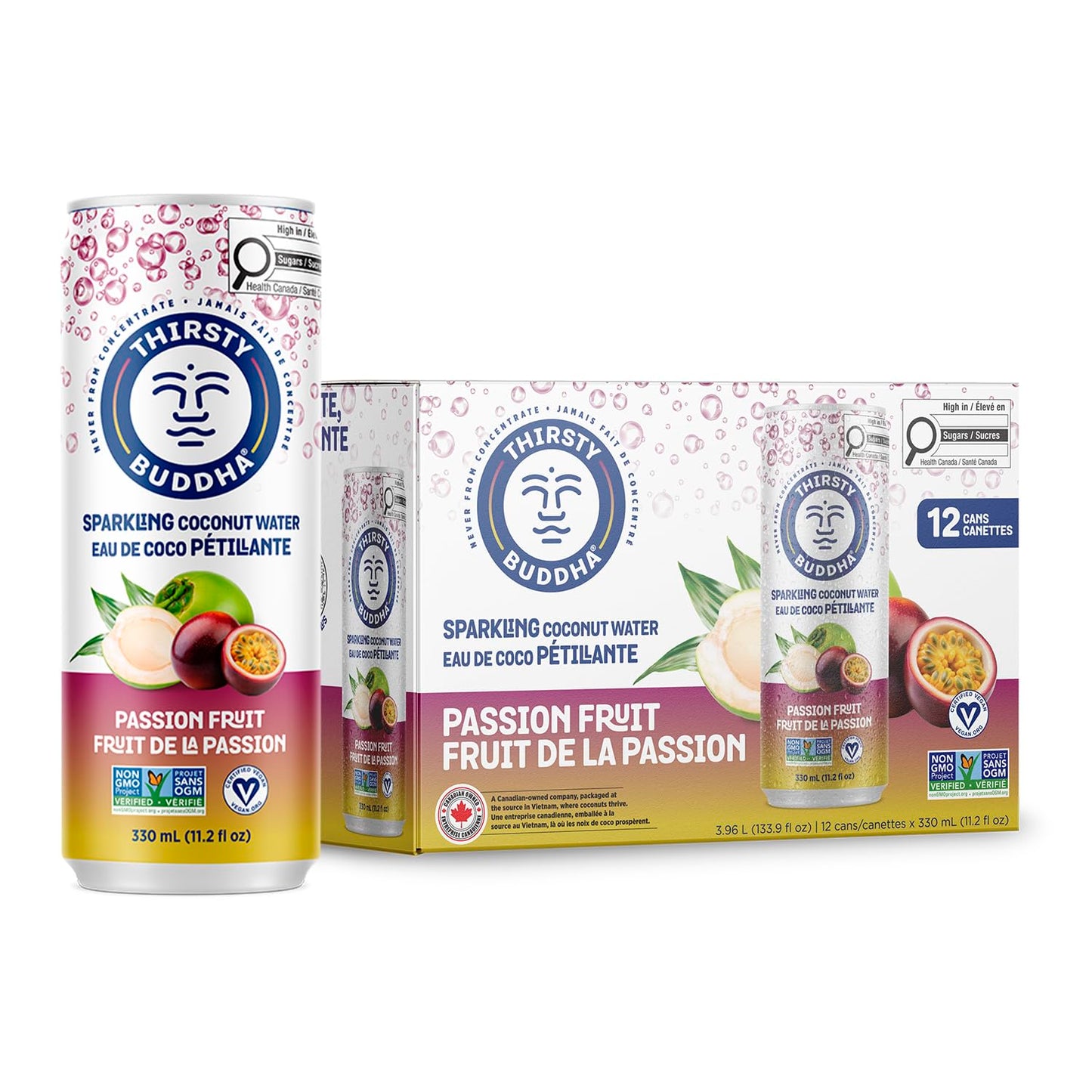 THIRSTY BUDDHA Sparkling Coconut Water with Passion Fruit, No Added Sugar, Pure Coco Drink, Natural Fruit Flavour, Electrolyte & Nutrient-Rich, 12 Pack, (12/330ml)