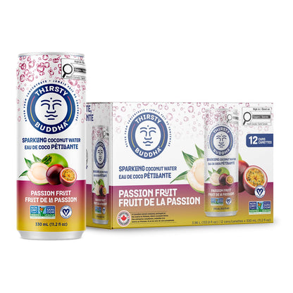 THIRSTY BUDDHA Sparkling Coconut Water with Passion Fruit, No Added Sugar, Pure Coco Drink, Natural Fruit Flavour, Electrolyte & Nutrient-Rich, 12 Pack, (12/330ml)