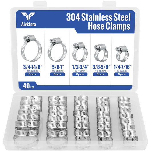 Hose Clamps, Small Worm Gear Hose Clamp Kit, Stainless Steel Worm Gear Hose Clamps for Radiator, Heater, 1 inch, 3/8 inch, 1/2 inch, 1/4 inch, 40 pcs
