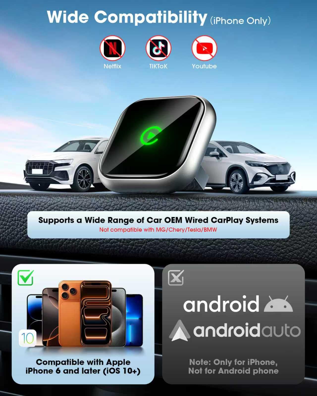 Wireless CarPlay Adapter 2025 Upgrades Wired CarPlay to Wireless, Seamless, Fast, Stable, Automatic Connection, Suitable for 2016 and Later Cars Apple's Car Play Adapter, Supports GPS