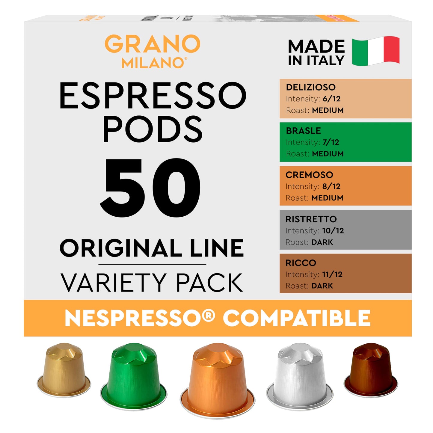 Grano Milano Variety Pack Coffee Capsules - 50 Aluminum Pods for Nespresso Original Line Machines, Medium & Dark Roast Blend, Italian Made