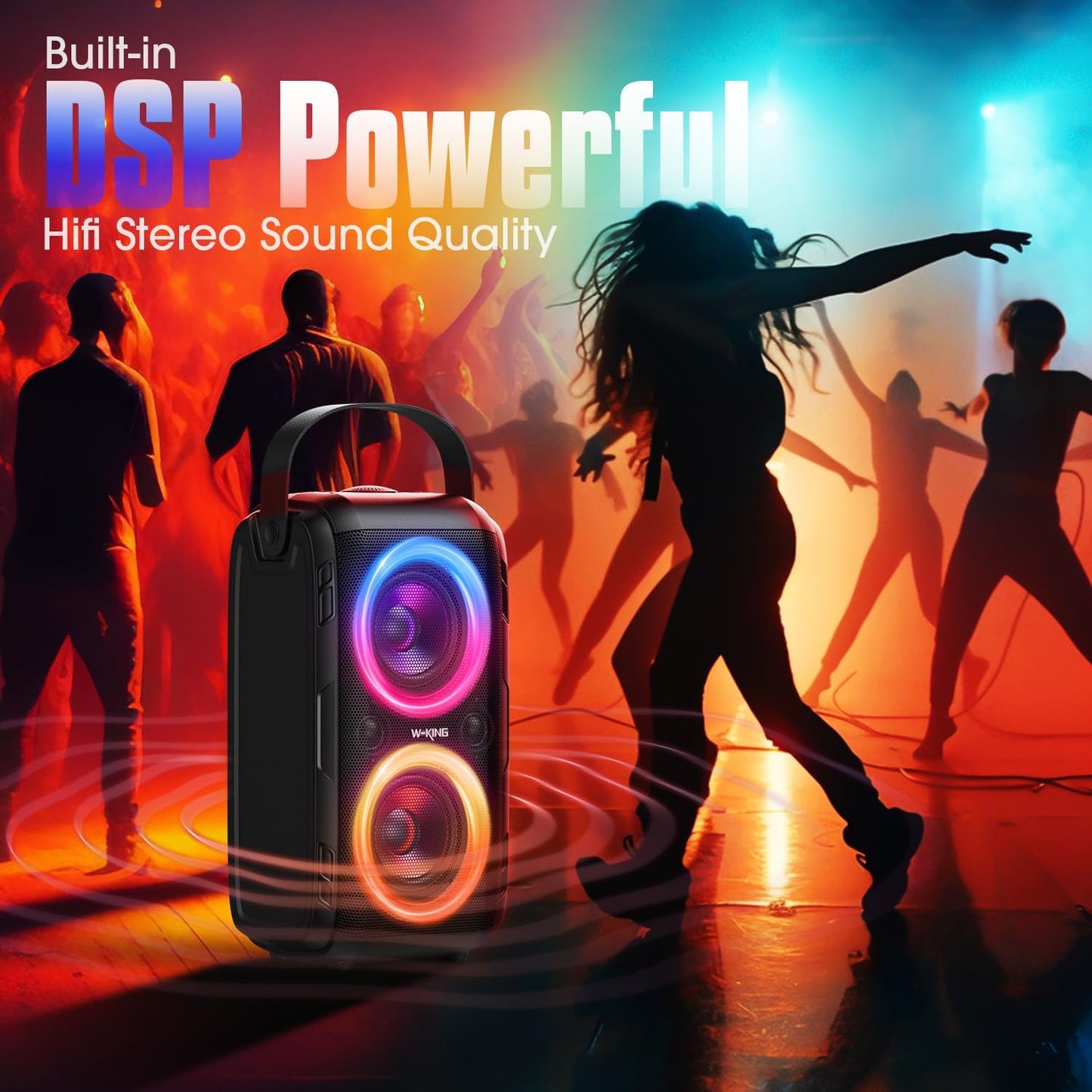 W-KING Bluetooth Speaker Loud, 180W Peak Party Portable Outdoor Haut Parleur Speaker Wireless Boom Box/4 Drivers(2 * 4.04’’ Woofer)-80W Deep Bass Tube, Huge 115dB Sound, Lights/IPX5/EQ/24H/USB/TF/AUX