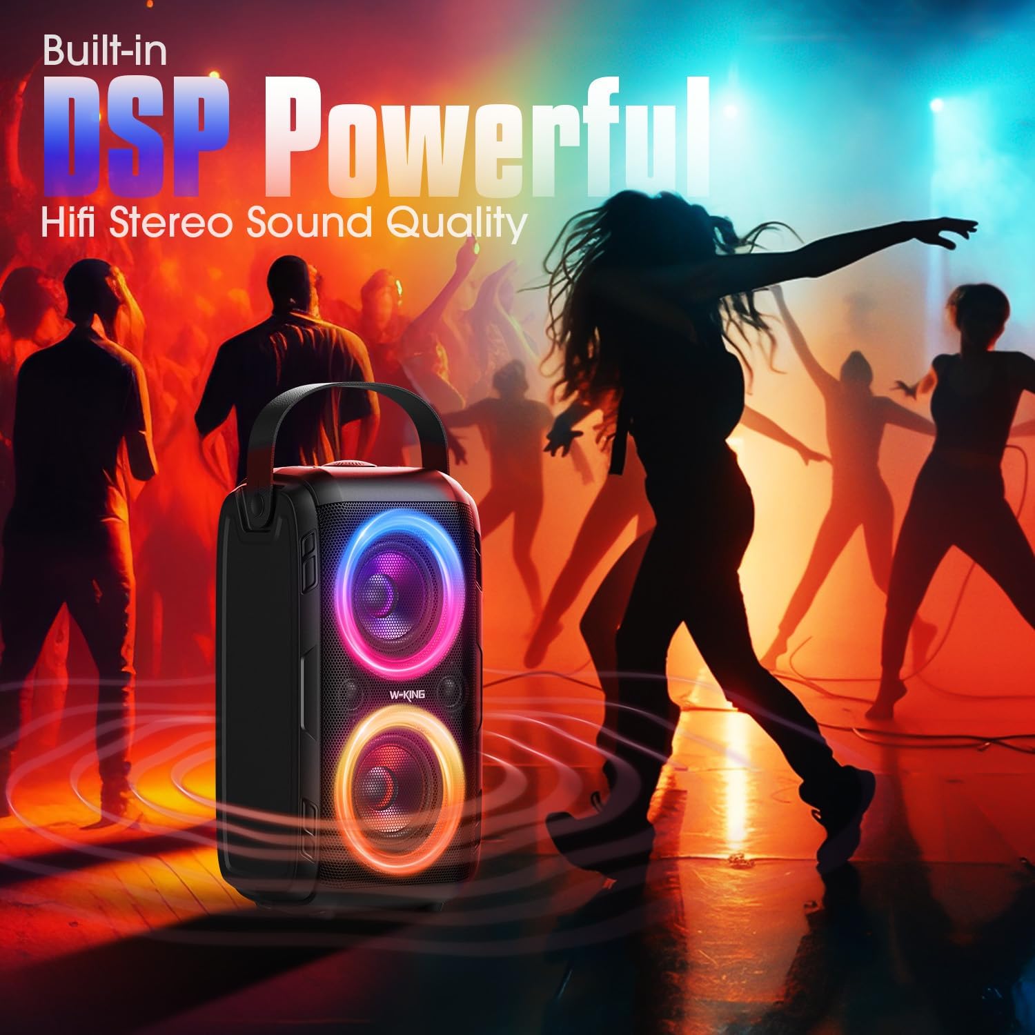 W-KING Bluetooth Speaker Loud, 180W Peak Party Portable Outdoor Haut Parleur Speaker Wireless Boom Box/4 Drivers(2 * 4.04’’ Woofer)-80W Deep Bass Tube, Huge 115dB Sound, Lights/IPX5/EQ/24H/USB/TF/AUX