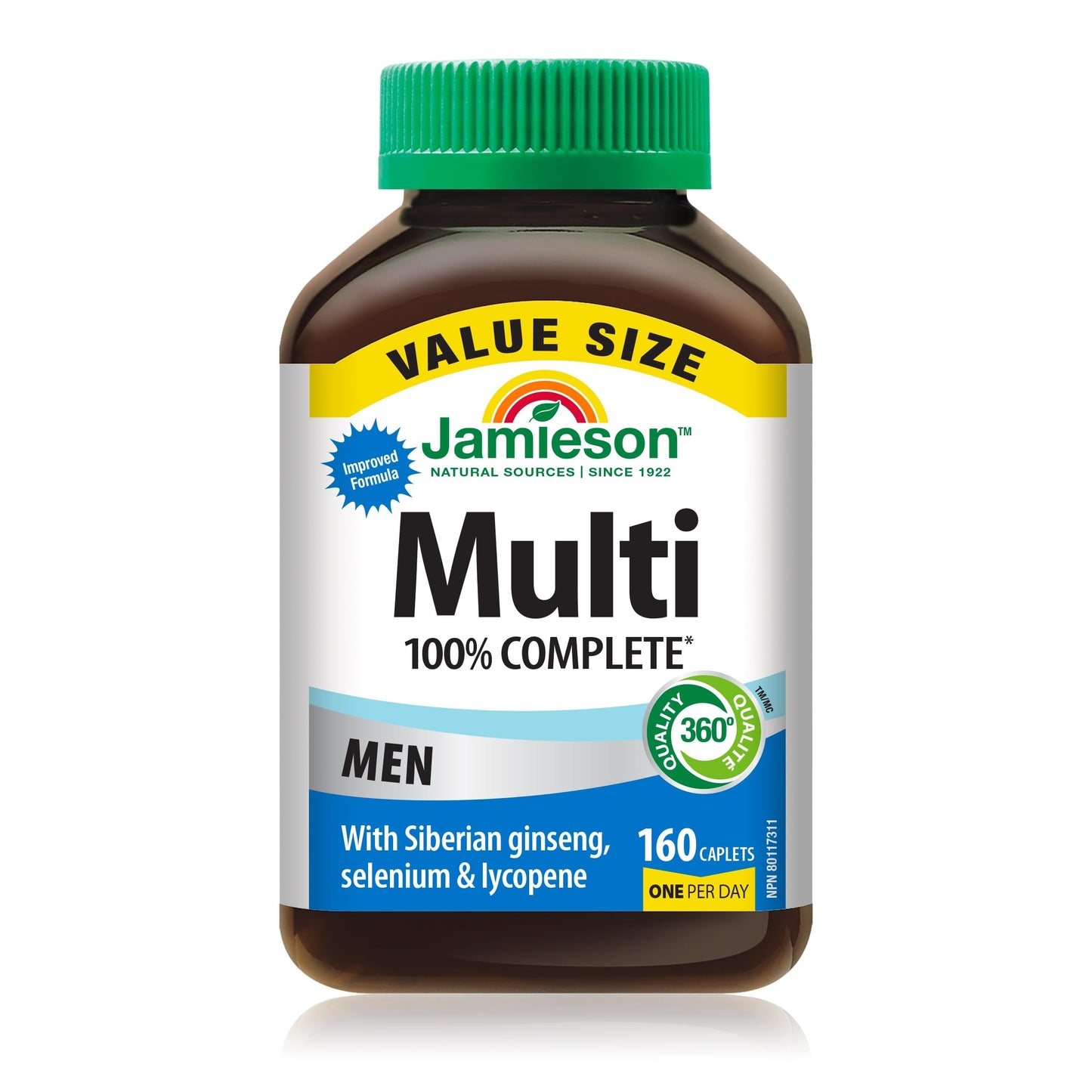 Jamieson 100% Complete Multivitamin for Men, with Siberian Ginseng, Lycopene and Selenium. Supports Eye Health, Energy, Immunity, and Everyday Health, Gluten-Free, One Per Day, 160 Caplets - Available at All In One Marketplace Canada