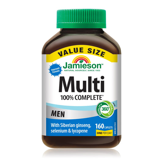 Jamieson 100% Complete Multivitamin for Men, with Siberian Ginseng, Lycopene and Selenium. Supports Eye Health, Energy, Immunity, and Everyday Health, Gluten-Free, One Per Day, 160 Caplets - Available at All In One Marketplace Canada