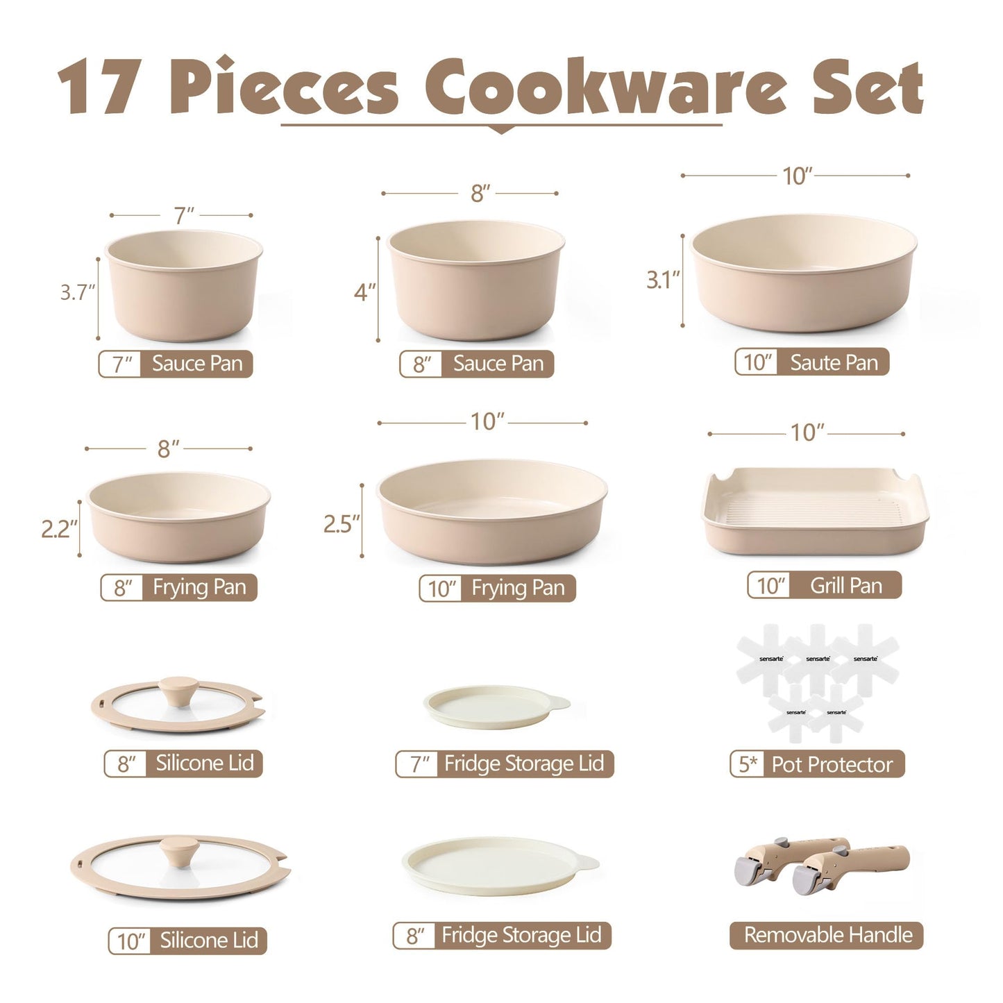 SENSARTE 17 Piece Ceramic Pots and Pans Set, Nonstick Detachable Handle Cookware, Induction Kitchen Cookware Set with Removable Handle, Dishwasher ＆ Oven Safe (Almond Beige) - Available at All In One Marketplace Canada