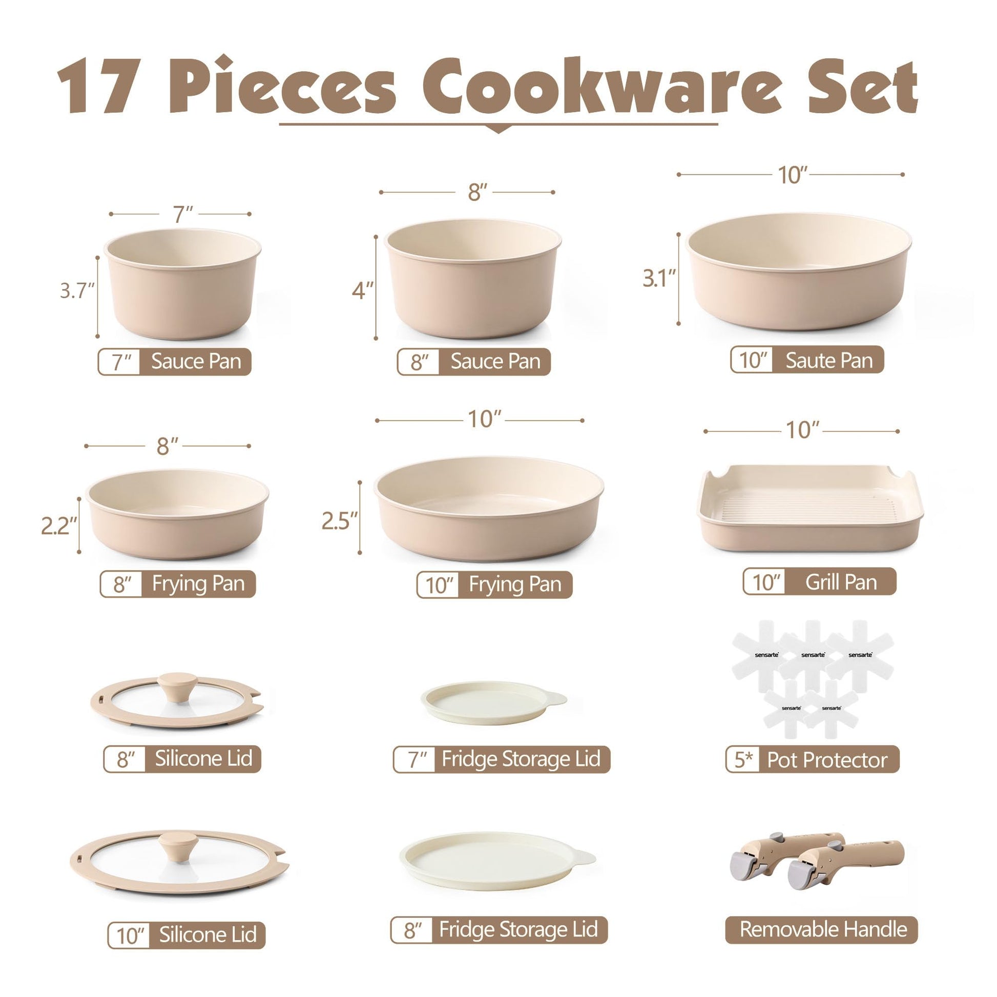 SENSARTE 17 Piece Ceramic Pots and Pans Set, Nonstick Detachable Handle Cookware, Induction Kitchen Cookware Set with Removable Handle, Dishwasher ＆ Oven Safe (Almond Beige) - Available at All In One Marketplace Canada