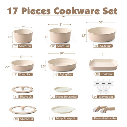 SENSARTE 17 Piece Ceramic Pots and Pans Set, Nonstick Detachable Handle Cookware, Induction Kitchen Cookware Set with Removable Handle, Dishwasher ＆ Oven Safe (Almond Beige) - Available at All In One Marketplace Canada