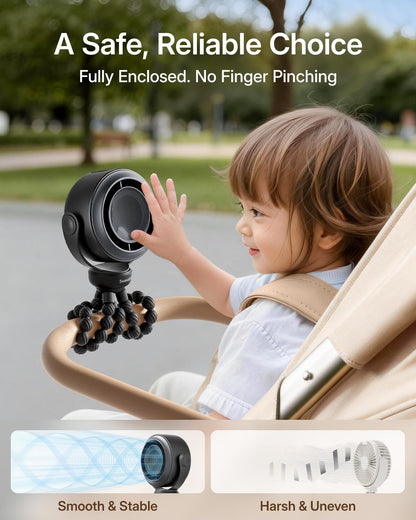 SWEETFULL Portable Stroller Fan, Pinch-Proof Baby Fan, 5-Speed Quiet Mini Clip on Fan, USB-C Rechargeable Battery, LED Display for Car Seat, Crib & Travel - Black