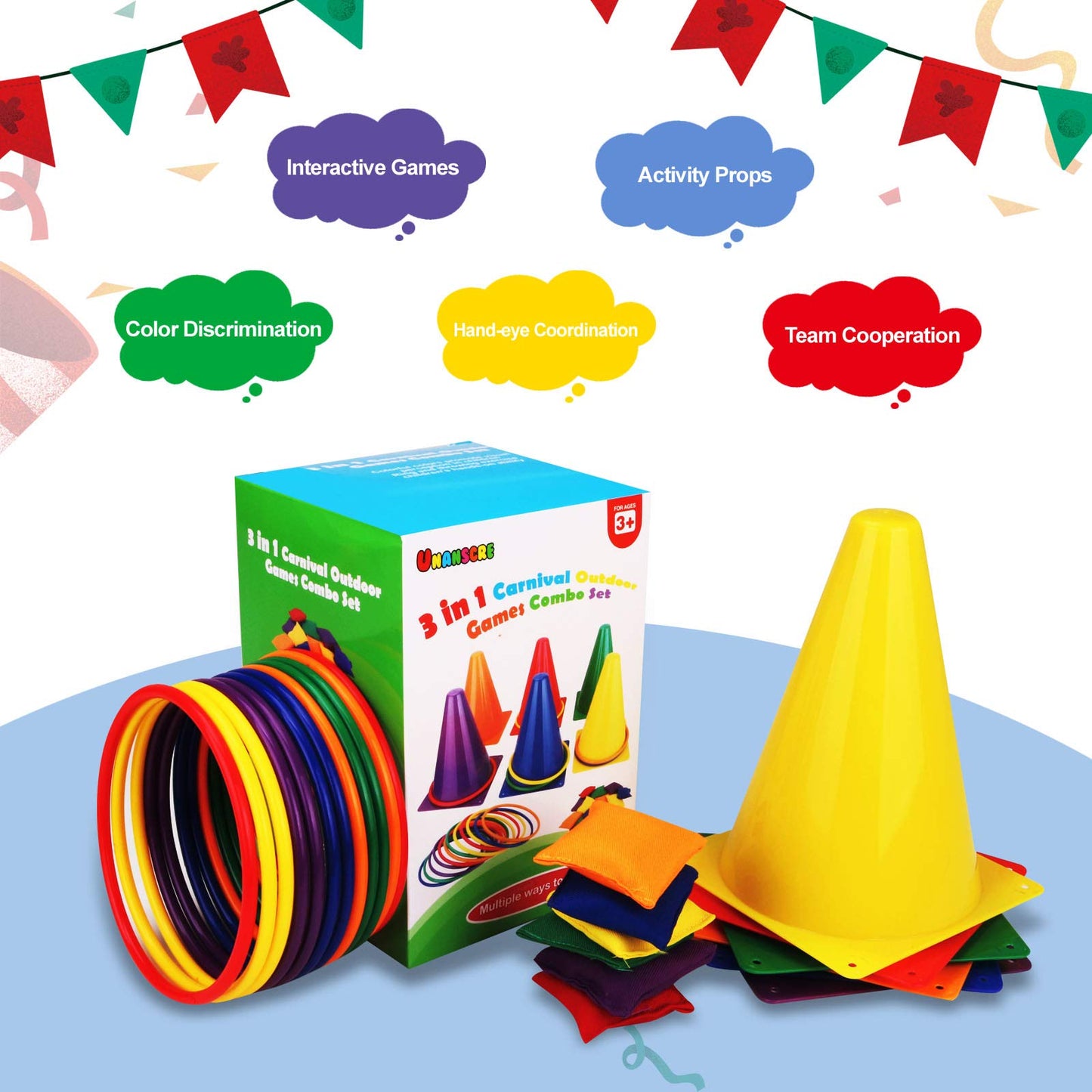 unanscre 31PCS 3 in 1 Carnival Outdoor Games Combo Set for Kids, Soft Plastic Cones Bean Bags Ring Toss Game, Gift for Birthday Party/Xmas - Available at All In One Marketplace Canada