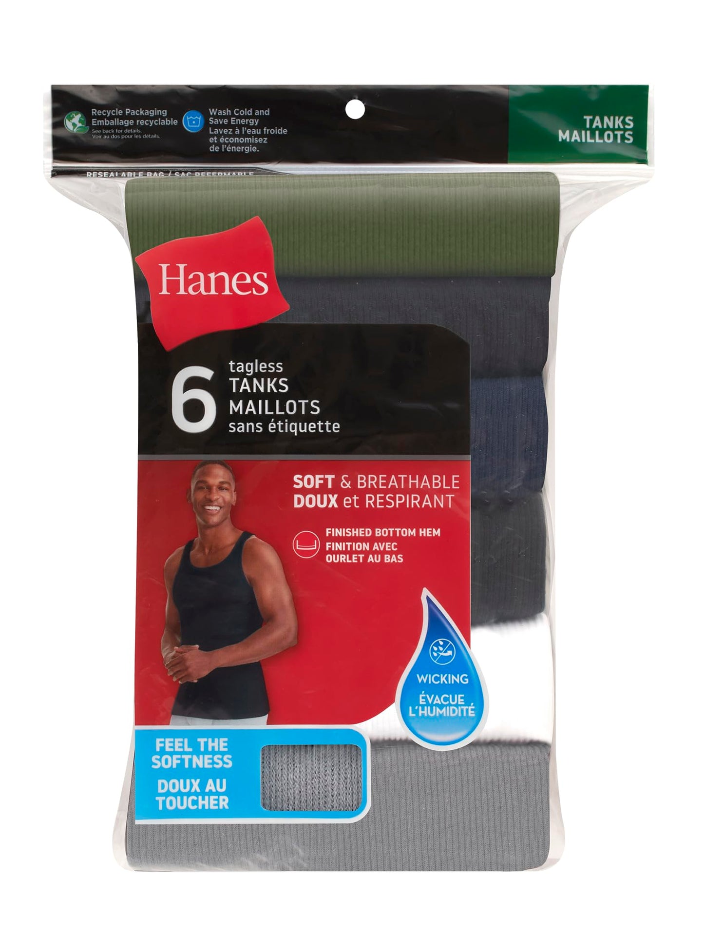 Débardeur côtelé en coton Hanes pour homme, 6 paquets, assorti, taille S