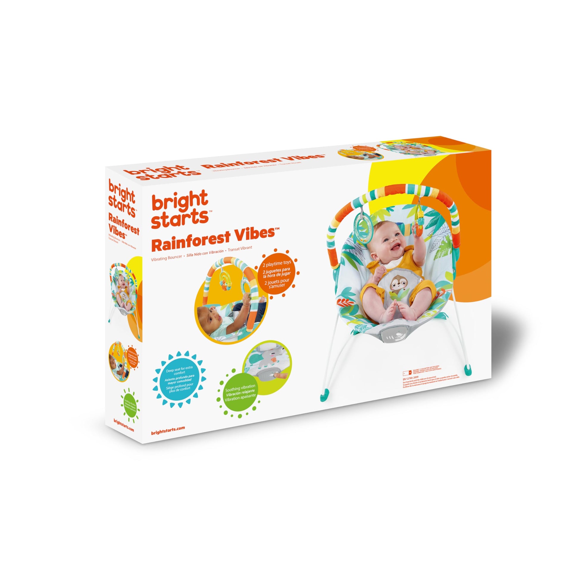 Bright Starts Rainforest Vibes 3-Point Harness Vibrating Baby Bouncer with -Toy bar