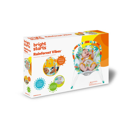 Bright Starts Rainforest Vibes 3-Point Harness Vibrating Baby Bouncer with -Toy bar