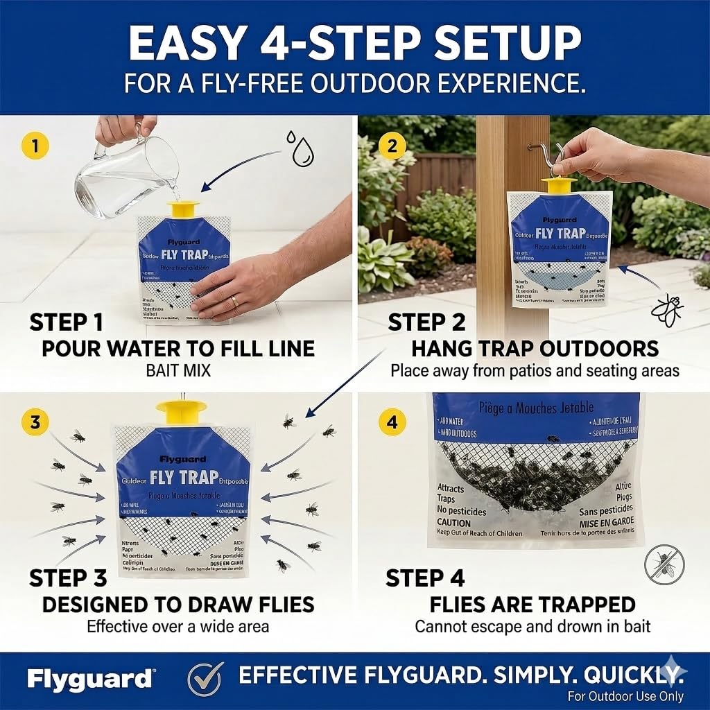 Flyguard 5-Pack Disposable Hanging Fly Trap Bag – Outdoor Odor-Free Insect Catcher for Patios, Gardens, Farms, and Campsites – Eco-Friendly, Pet Safe, No Electricity Required (Hang Style) - Available at All In One Marketplace Canada