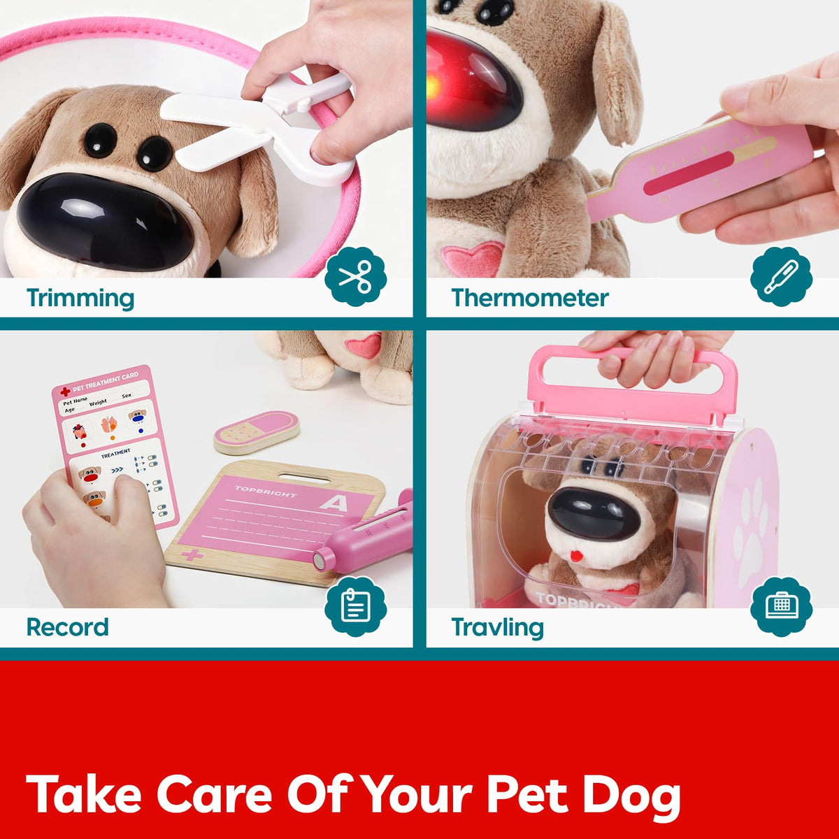 Top Bright Doctor Kit Kids – Pretend Play Toddler Toys with Pink Doctor Costume & Plush Dog, Wooden Kids Doctors Play Set with Stethoscope, Christmas Birthday Gifts for 3+ Year Old Girls 🍁 All In One Marketplace Canada