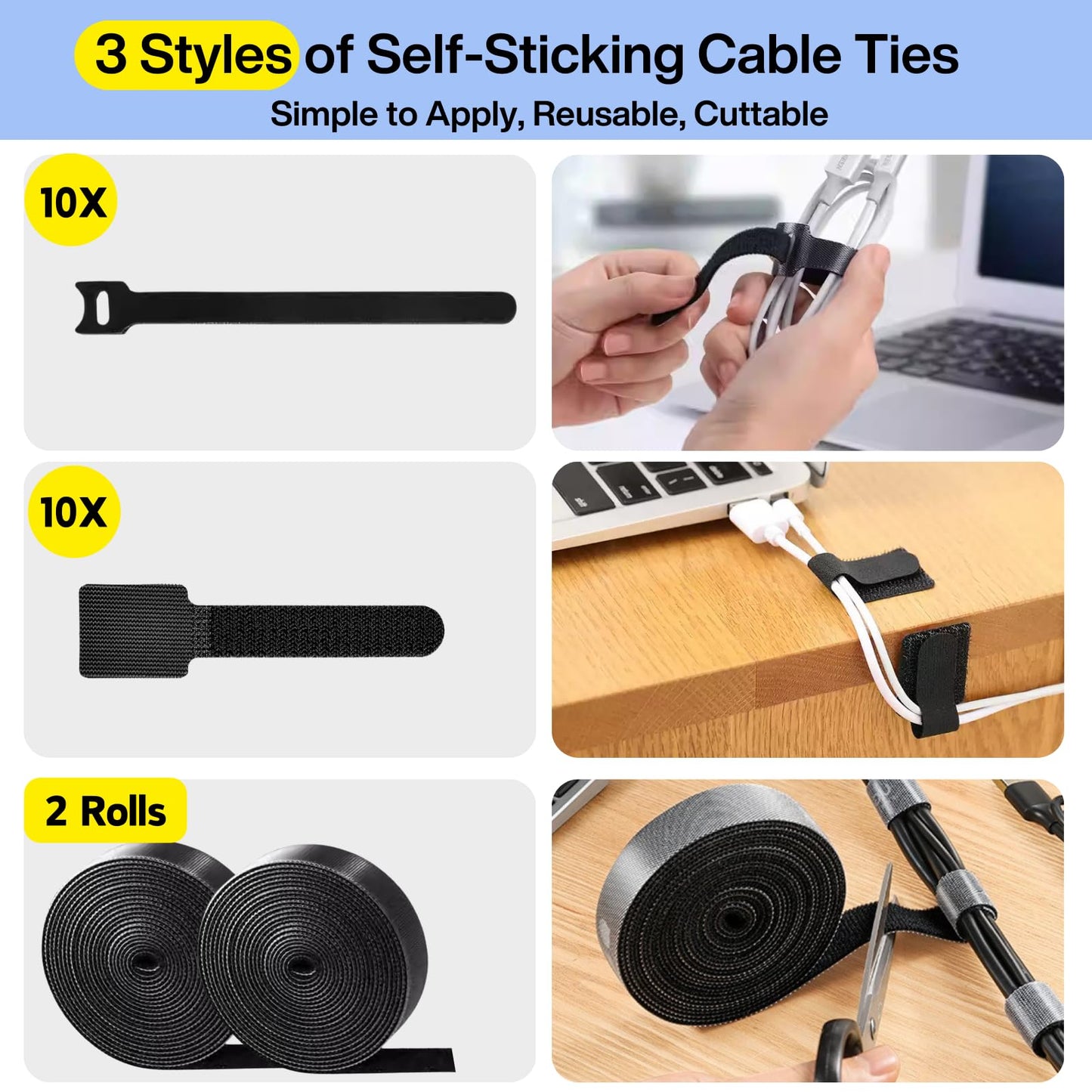 [313Pcs] Cable Management Kit, 67 Adhesive Cable Clips, Topavatop Desk Cord Organizer, 22 Reusable Cable Strap, 4 Cable Sleeve Split, 200 Nylon Cable Zip Ties with 20 Mounts for TV Office Home, Black - Available at All In One Marketplace Canada