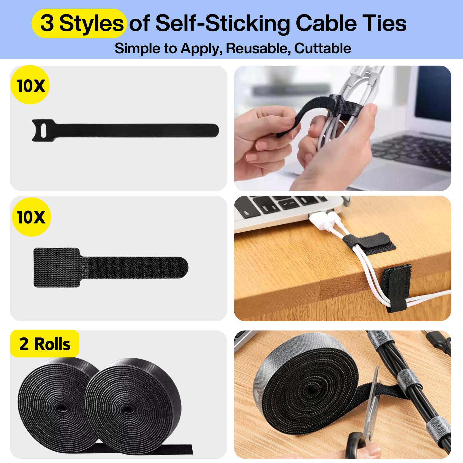 [313Pcs] Cable Management Kit, 67 Adhesive Cable Clips, Topavatop Desk Cord Organizer, 22 Reusable Cable Strap, 4 Cable Sleeve Split, 200 Nylon Cable Zip Ties with 20 Mounts for TV Office Home, Black - Available at All In One Marketplace Canada