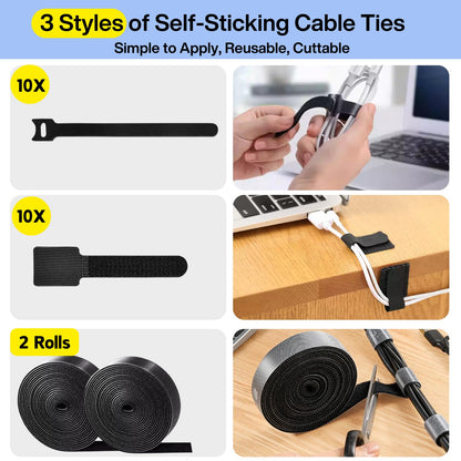 [313Pcs] Cable Management Kit, 67 Adhesive Cable Clips, Topavatop Desk Cord Organizer, 22 Reusable Cable Strap, 4 Cable Sleeve Split, 200 Nylon Cable Zip Ties with 20 Mounts for TV Office Home, Black - Available at All In One Marketplace Canada