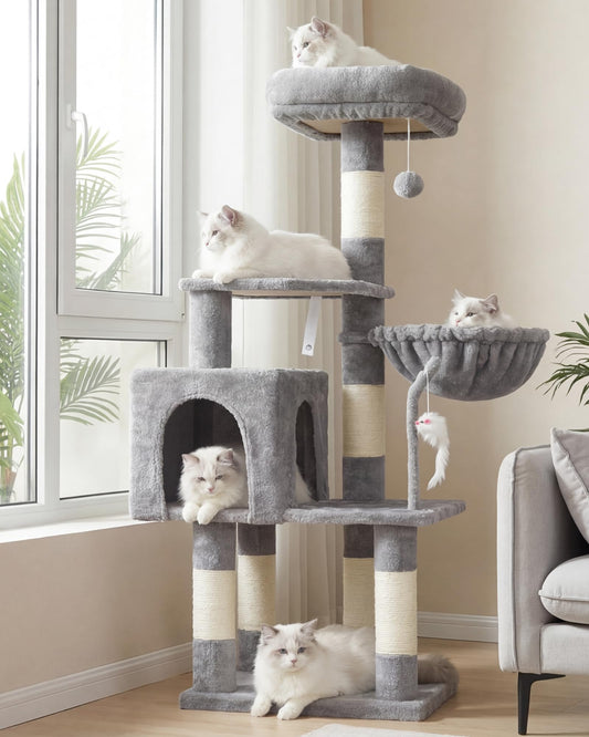 Heybly Cat Tree with Toy, Cat Tower condo for Indoor Cats, Cat House with Padded Plush Perch, Cozy Hammock and Sisal Scratching Posts, Light Gray S HCT004SW