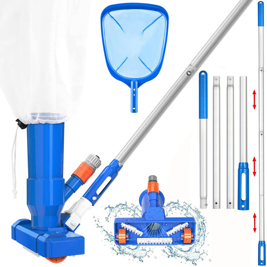 60" Portable Pool Vacuum Jet Underwater Cleaner and Leaf Skimmer Net (No Garden Hose Included), 4 Section Pole of Hand Held Portable Vacuum Pool Cleaner for Above Ground Pool Spa Pond Fountain Hot Tub
