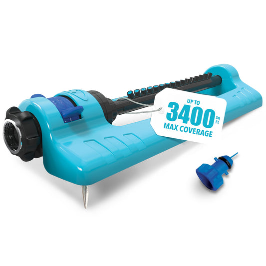 Aqua Joe Oscillating Sprinkler with Metal Ground Spike, Adjustable Spray Position Irrigator for 3400 Sq Ft Coverage Compatible with Garden Hoses