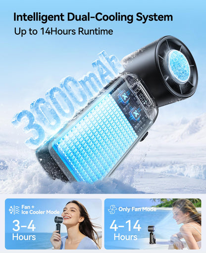 KIMMOO Portable Handheld Turbo Fan with Ice Cooler, Powerful 21000 RPM, Speed (1-199), Up to 14Hrs Cooling, Rechargeable Personal Fan (Black) - Available at All In One Marketplace Canada