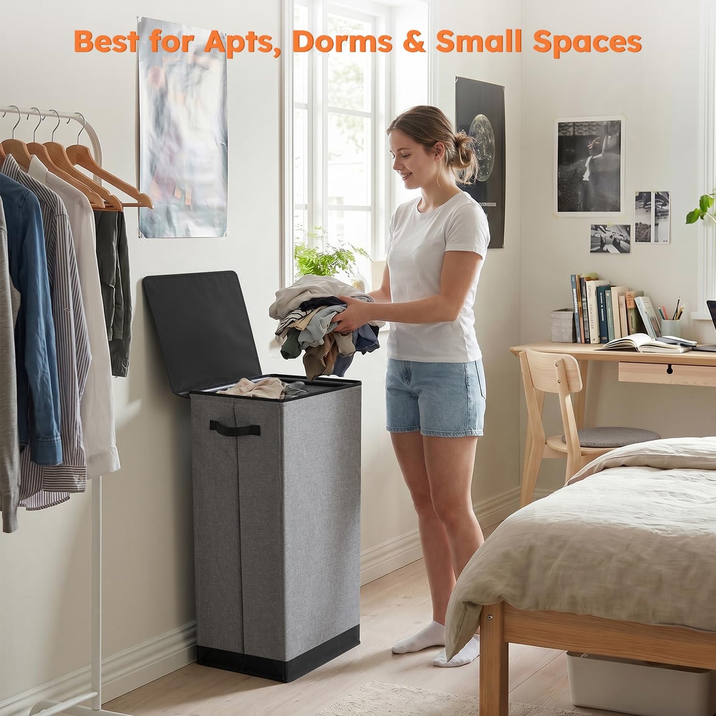 SOLEDI 100L Laundry Basket with Lid Large Laundry Hamper, Clothes Hamper with Laundry Bag Easy to Carry, Collapsible Storage Bins for Bedroom, Bathroom, Dorm, Apartment, College, Wardrobe, Grey