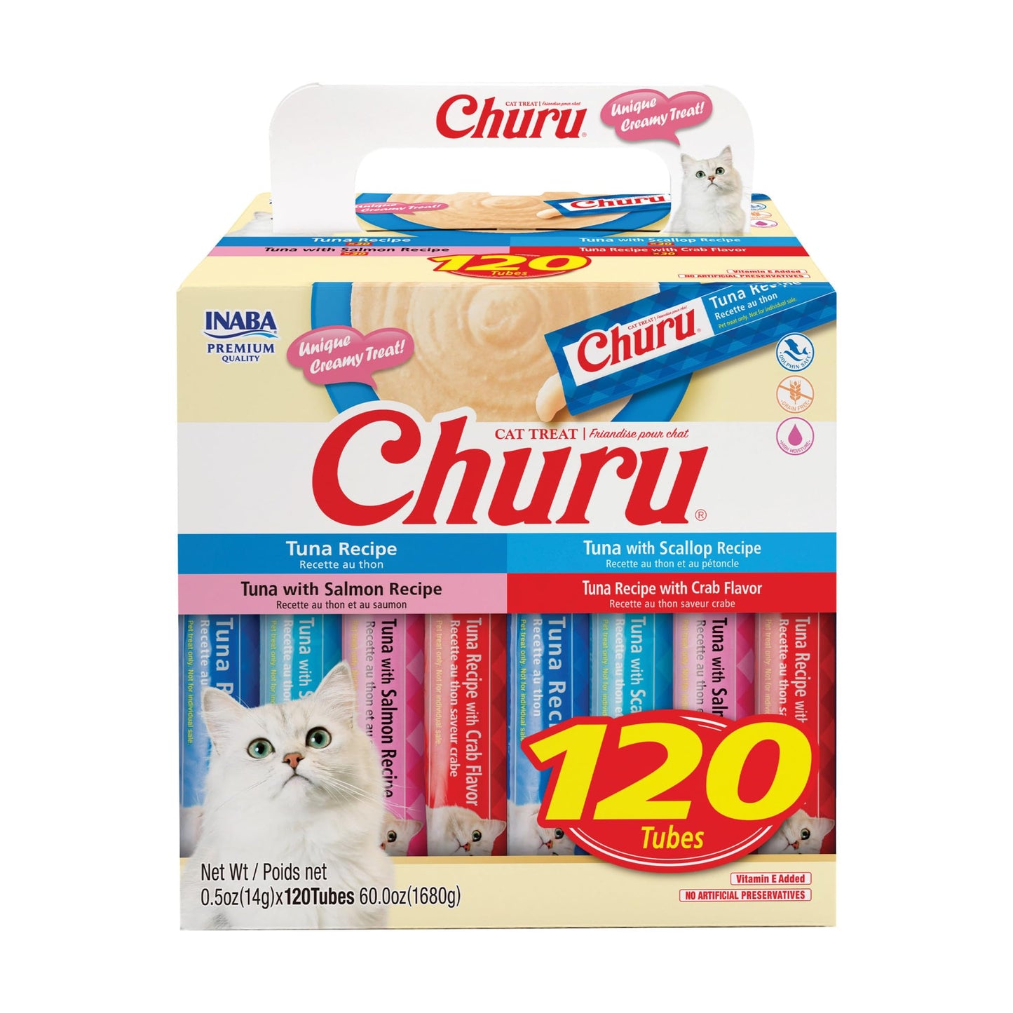 INABA Churu Cat Treats, Lickable, Squeezable Creamy Purée with Vitamin E, 14 Grams per Tube, 120 Tubes Total, Tuna Variety