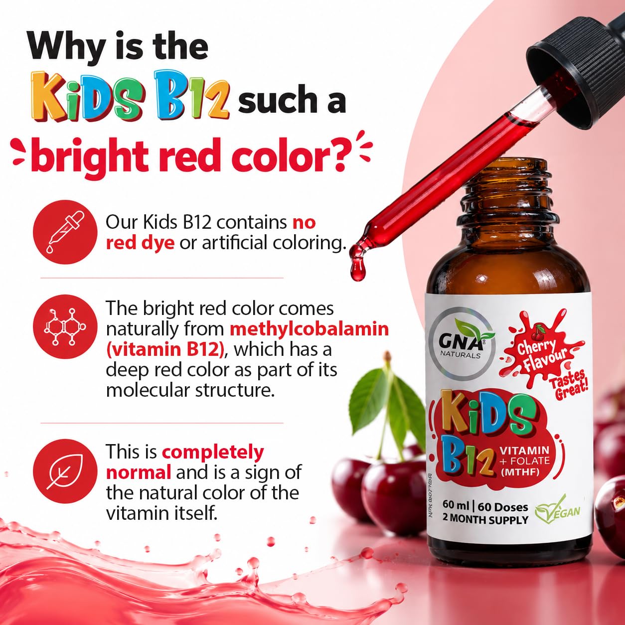 GNA Naturals Kids Vitamin B12 with Folate Supplement, 60ml - VitaminB12 Methylcobalamin 1000 mcg - Liquid Drops for Kids - Cherry Flavour- Methyl B12 Folate Supplement - Vitamin-B12-Complex – Vegan – For energy, metabolism and supports memory– Made in Can - Available at All In One Marketplace Canada