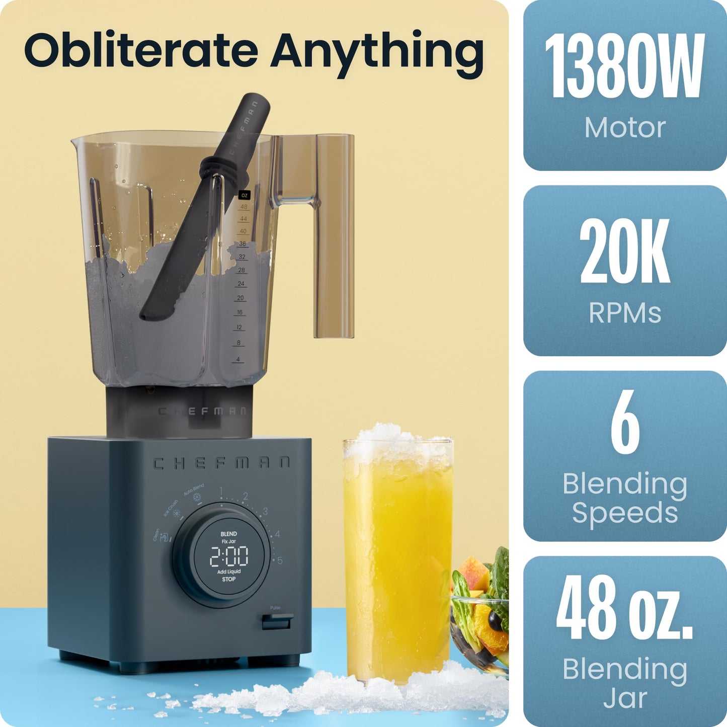 Chefman Obliterator 48 oz Countertop Blender for Smoothies, 1380W Motor to Crush Ice, Nuts, and Frozen Fruit with Stainless Steel Blade, Auto Blend Function, Includes 20 oz Travel Jar - Midnight 🍁 All In One Marketplace Canada Chefman