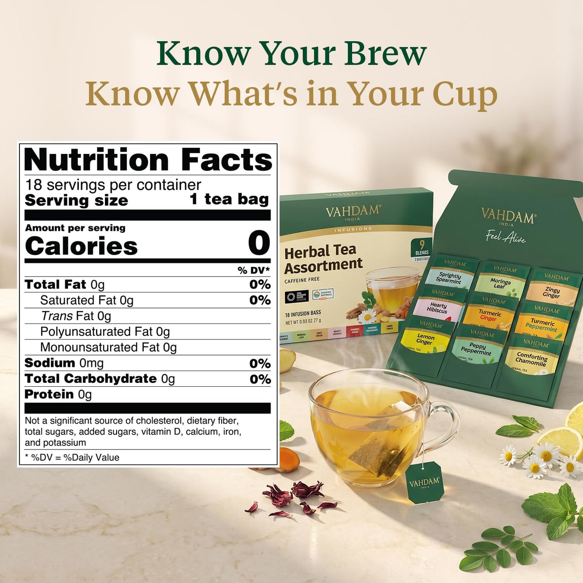 VAHDAM, Assorted Herbal Tea Sampler (18 Tea Bags, 9 Flavors) Caffeine-Free, Non-GMO | Double Infusion, Individually Enveloped Tea Bags | Herbal Tea Assortment 🍁 All In One Marketplace Canada