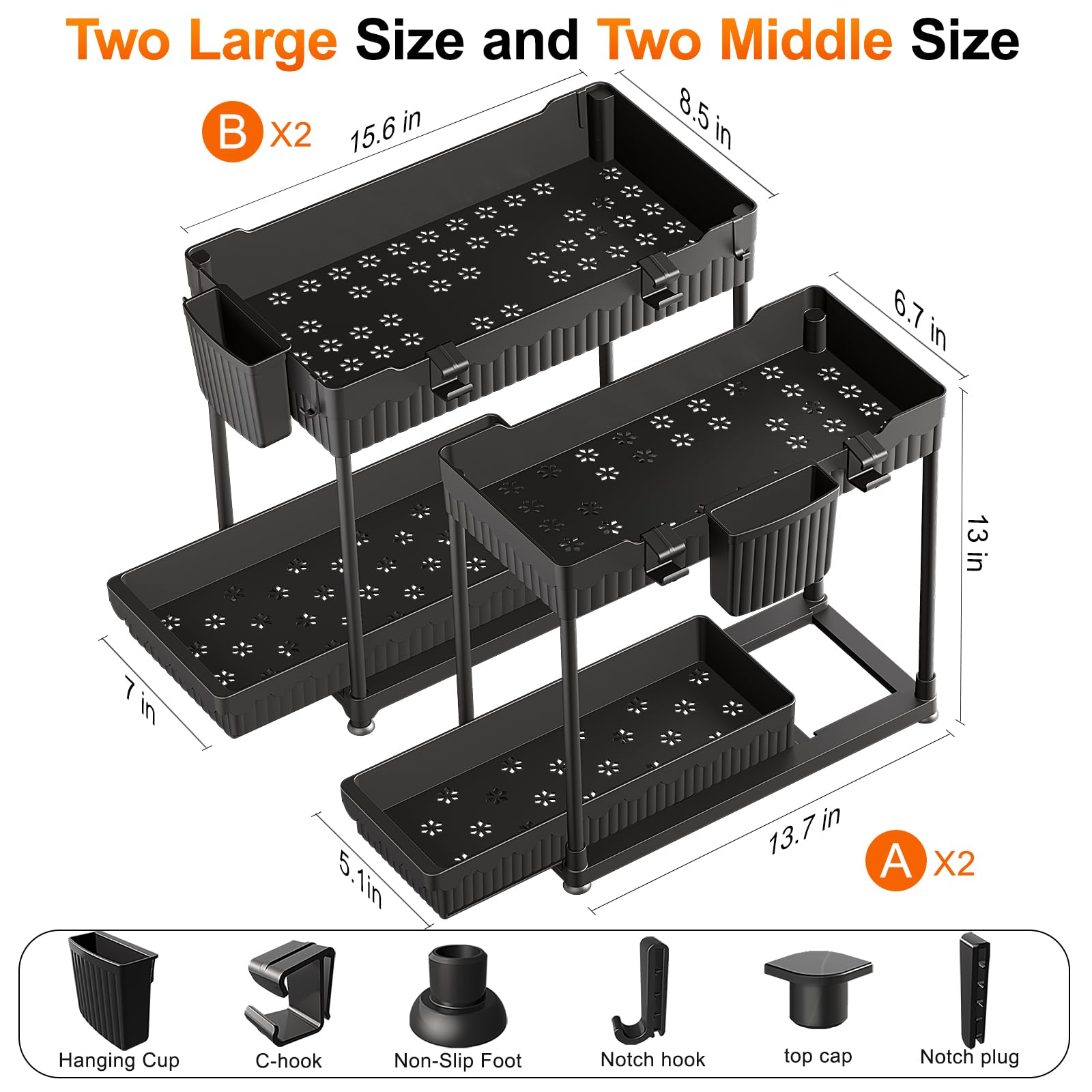 Sevenblue 4 Pack Under Sink Organizer and Storage,Bathroom Organizers, Multi-Use Under Sink Organizer for Bathroom and Kitchen with Sliding Drawer, Hang Hooks and Cup (Black, L)