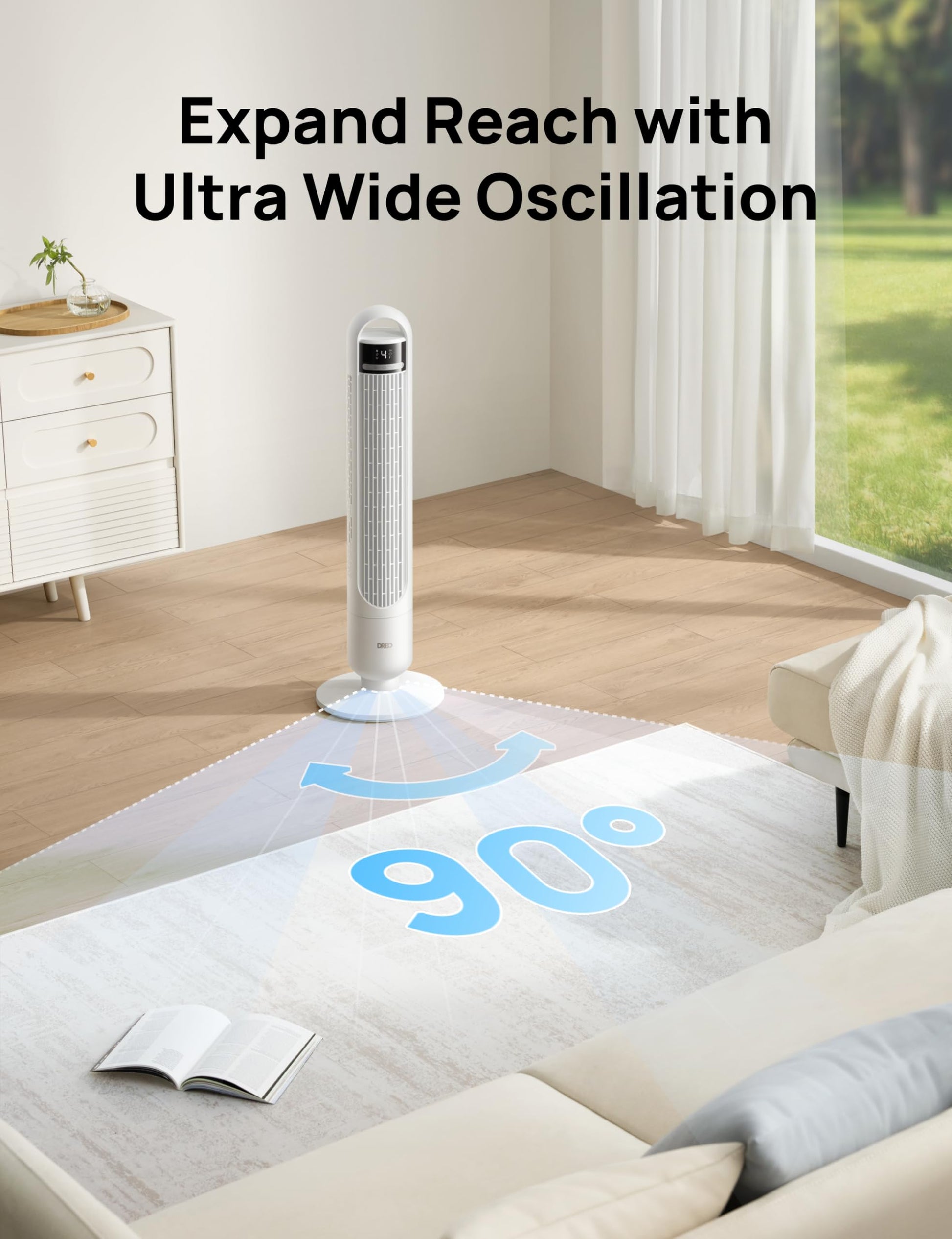 DREO Tower Fan for Bedroom, 90° Oscillating Standing Fans for Room with 4 Speeds, 3 Modes, 28dB Quiet for Sleep, 25ft/s Velocity, 8H Timer, Remote, Living Room, Office, Home, Black, TF117