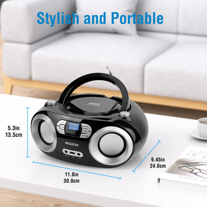 MEGATEK Portable CD Player Boombox with FM Radio, Bluetooth, USB Port, AUX Input, and Headphone Jack – CD-R/CD-RW/MP3-CD Compatible, Clear Stereo Sound, Backlit LCD Display – Black