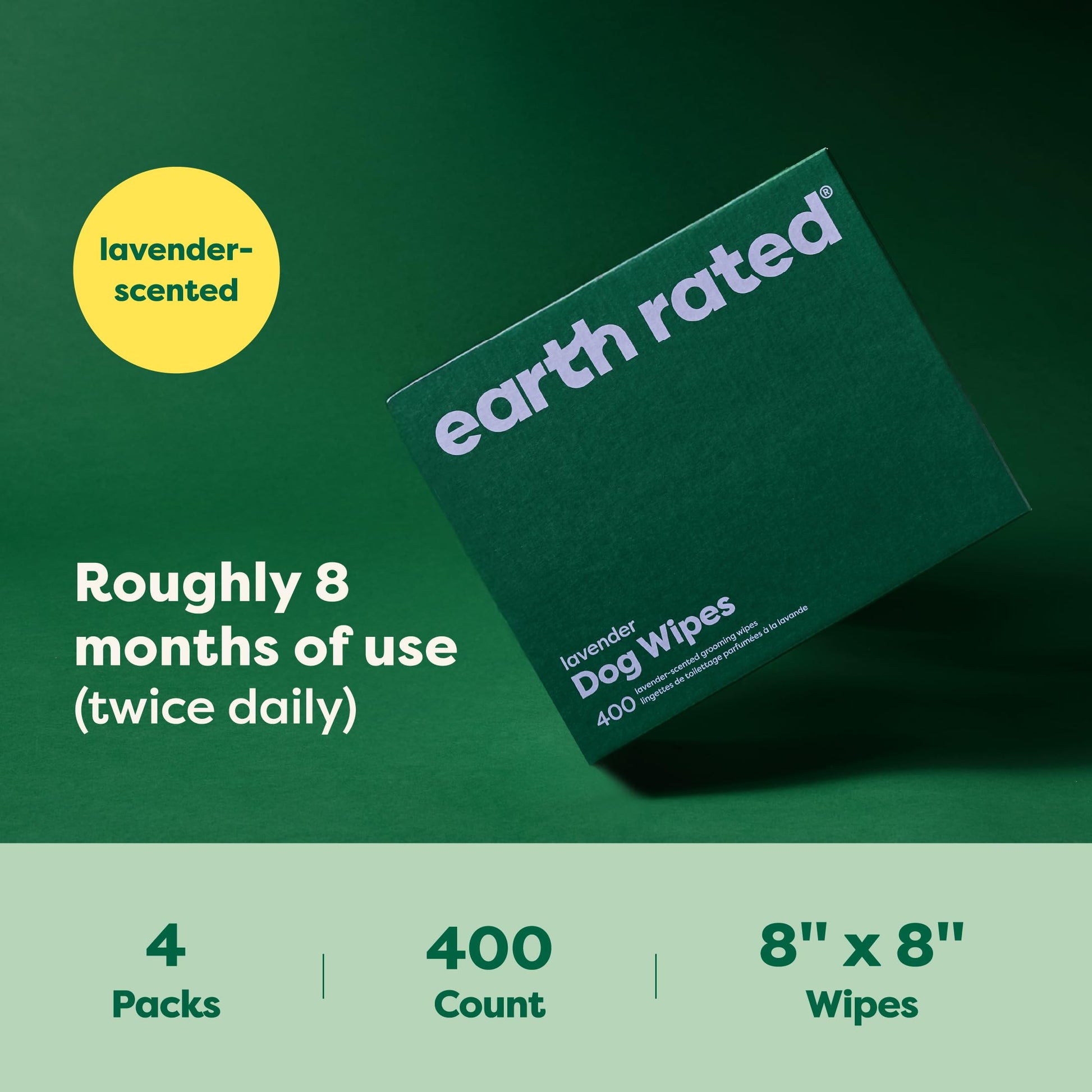 Earth Rated (A Canadian Company) Dog Wipes, Hypoallergenic, Cleaning and Hydrating, for Grooming Paws, Body and Butt, Lavender Scented, 400 Count