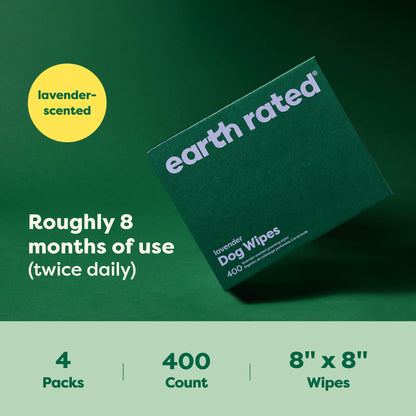 Earth Rated (A Canadian Company) Dog Wipes, Hypoallergenic, Cleaning and Hydrating, for Grooming Paws, Body and Butt, Lavender Scented, 400 Count