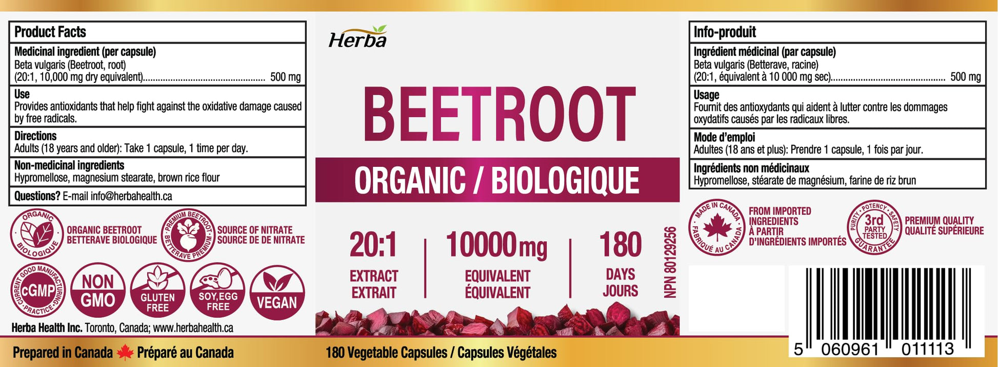 Herba 10,000mg Organic BeetRoot Capsules – 180 Count | 20:1 Beet Root Powder in Capsule | Nitric Oxide Supplements for Men & Women | Made in Canada - Available at All In One Marketplace Canada