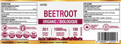 Herba 10,000mg Organic BeetRoot Capsules – 180 Count | 20:1 Beet Root Powder in Capsule | Nitric Oxide Supplements for Men & Women | Made in Canada - Available at All In One Marketplace Canada