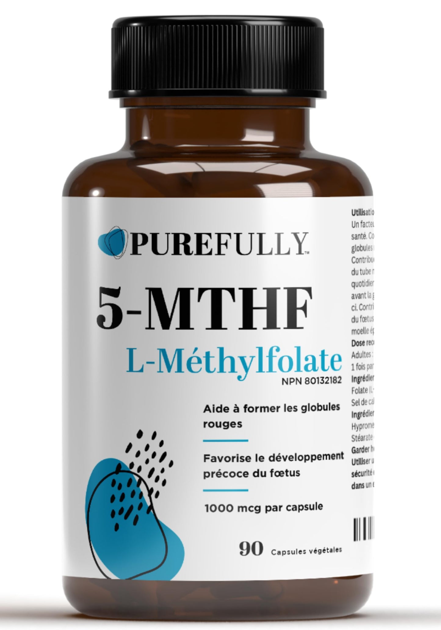 PUREFULLY 5-MTHF 1000mcg, 90 Capsules - L Methylfolate (Active Form of Vitamin B9 Folate) Supplement - Supports Cardiovascular Health and Early Fetal Development - Available at All In One Marketplace Canada