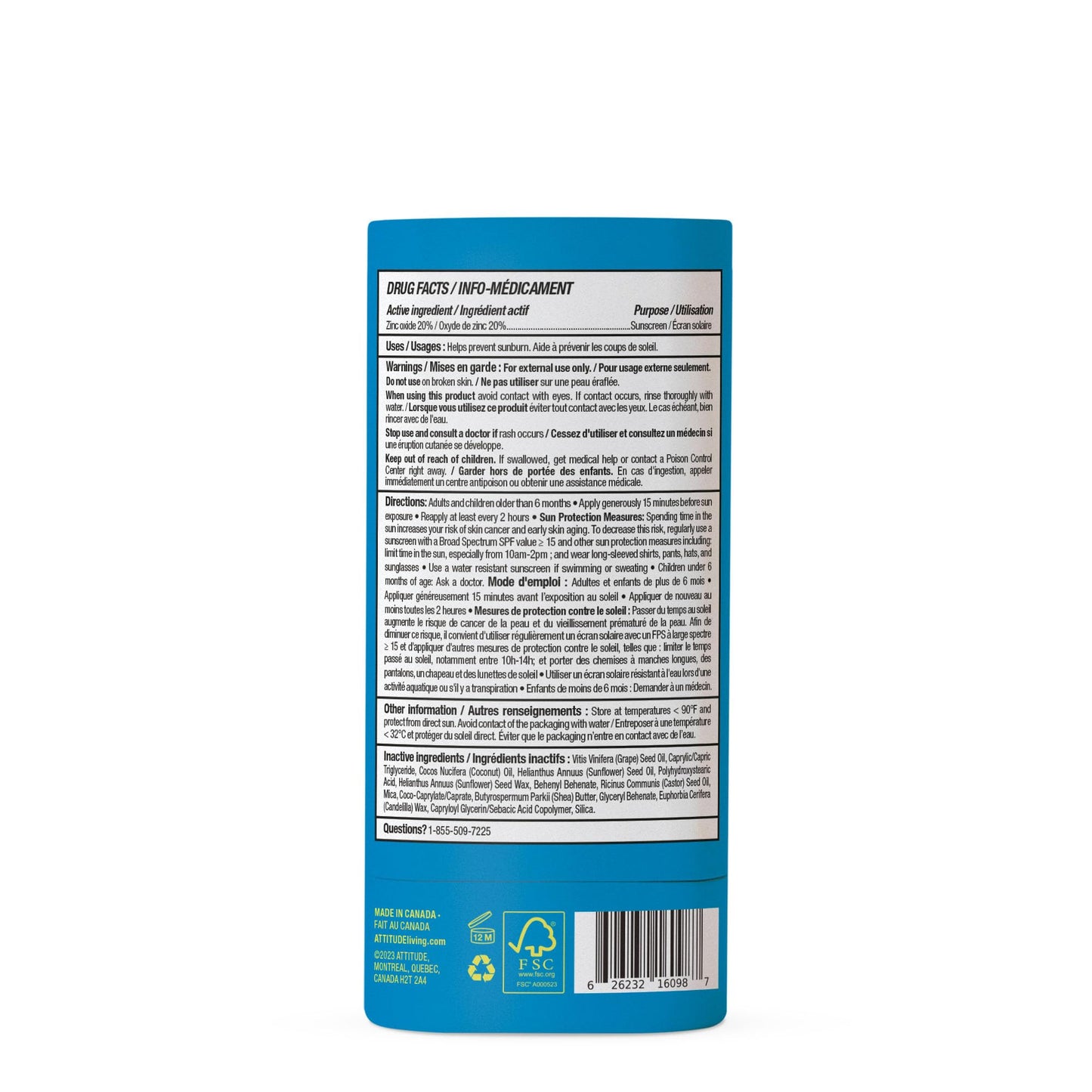 ATTITUDE Mineral Sunscreen Stick for Kids, SPF 30, Made in Canada, EWG Verified,Plastic-Free, Broad Spectrum UVA/UVB Protection with Zinc Oxide, Dermatologically Tested, Vegan, Unscented, 60 grams ATTITUDE