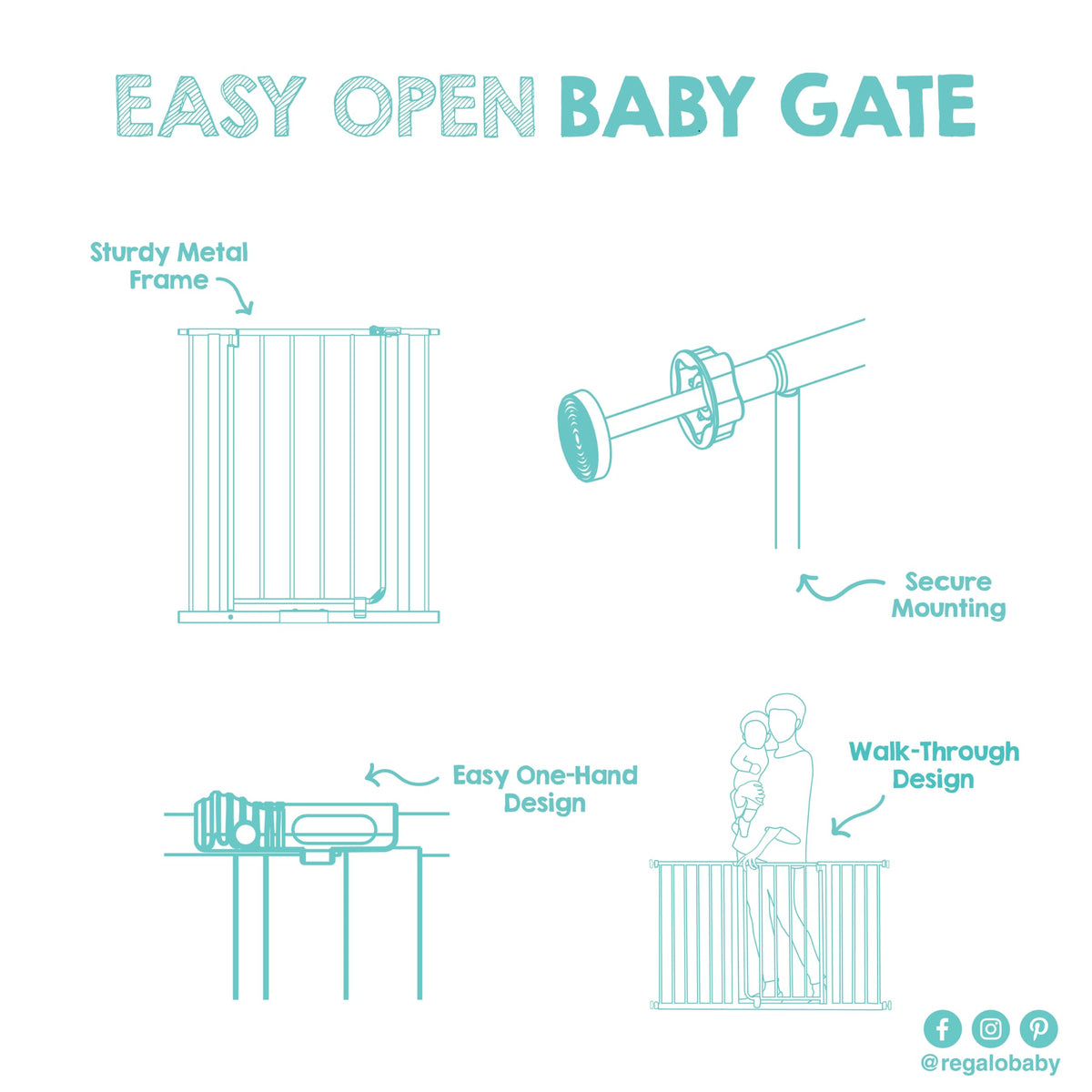 Regalo Easy Open 47-Inch Super Wide Walk Thru Baby Gate, Bonus Kit, Includes 4-Inch and 12-Inch Extension Kit, 4 Pack Pressure Mount Kit and 4 Wall Cups and Mounting Kit, White, 11 Count (Pack of 1)