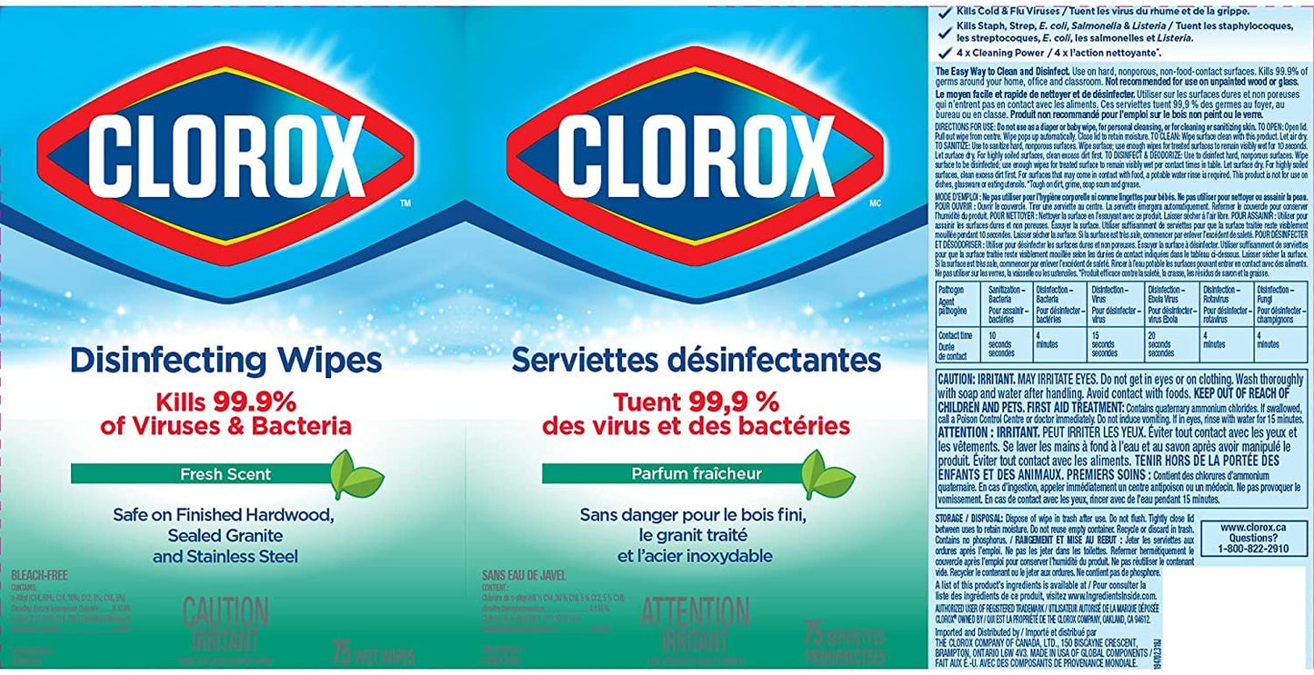 Clorox Disinfecting Wipes, Fresh Scent, 75 Count, Multi-Pack of 6 Canisters
