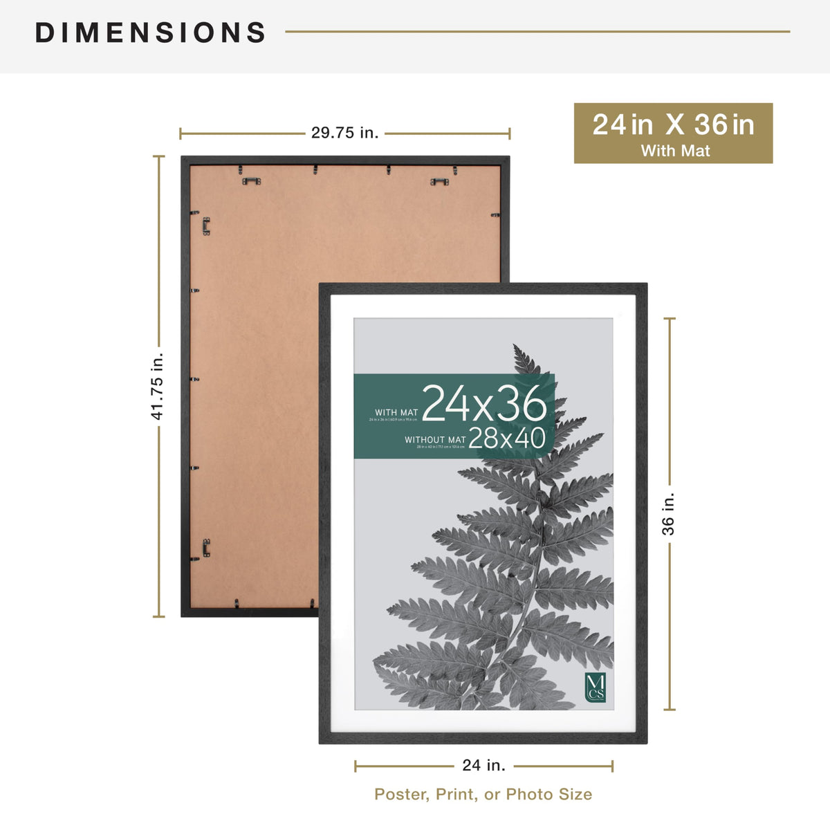 MCS Studio Gallery 28x40 Poster Frame, Display Pictures 24x36 With Mat or 28x40 Without Mat, Vertical & Horizontal Wall Hanging Large Picture Frame for Photos & Posters, Black (1-Pack)