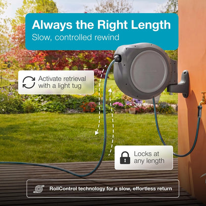 GARDENA 20502-80, Retractable Garden Hose Reel 75' x 1/2" Hose, Wall Mounted, Automatic Retraction & Length Lock for Easy Watering. Heavy Duty Swivel Bracket 180°, Includes Nozzle. Made in Europe 🍁 All In One Marketplace Canada GARDENA