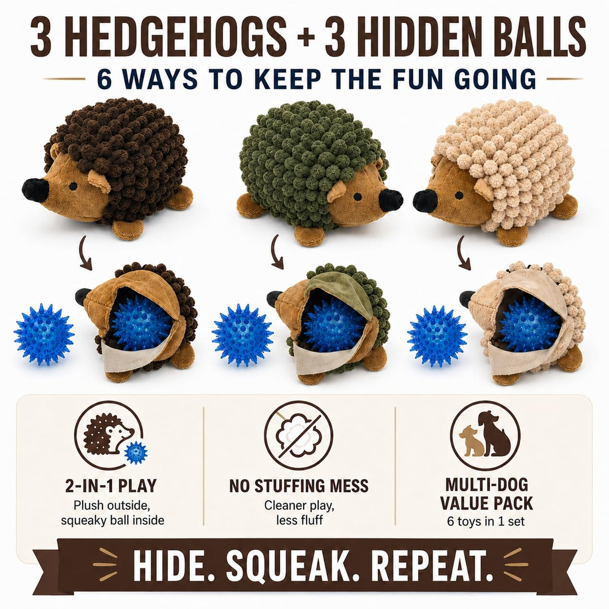 2-in-1 No-Stuffing Hedgehog Dog Toys 3 PCS, Squeaky Ball for Throwing Play 🍁 All In One Marketplace Canada