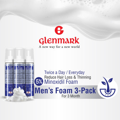 Glenmark | Minoxidil 5% Hair Regrowth Foam for Men, Aerosol Can, 3 Month Treatment (180 gr) – Mess-Free, Fast-Drying Formula for Thinning Hair & Hair Loss – Reactivates Follicles